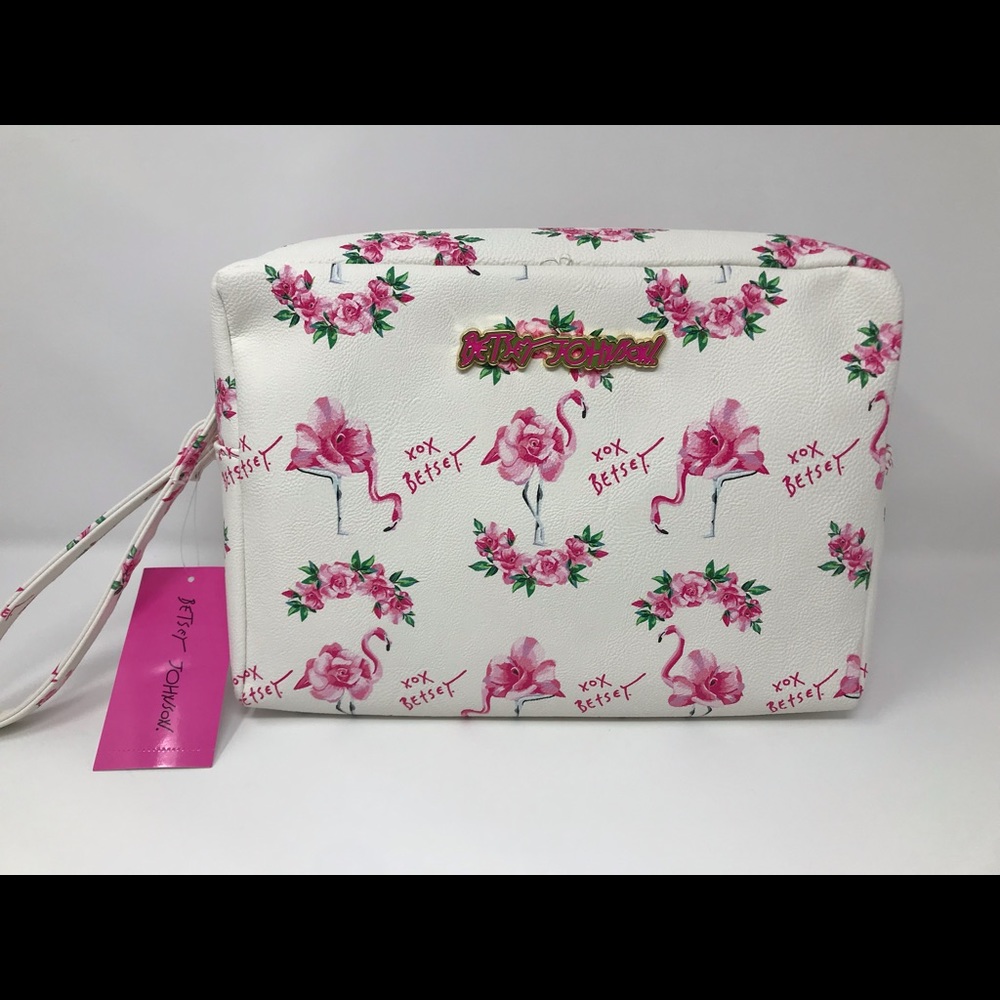 NWT Betsey Johnson flamingo rose cosmetic bag